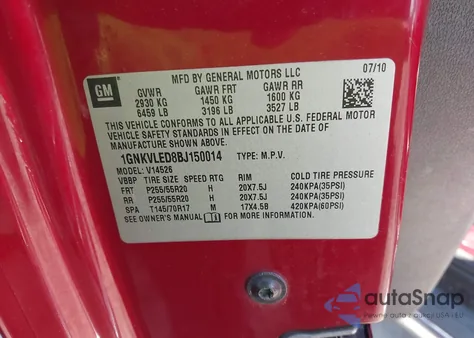 2011 Chevrolet Traverse Ltz z USA, uszkodzony, nr VIN 1GNKVLED8BJ150014